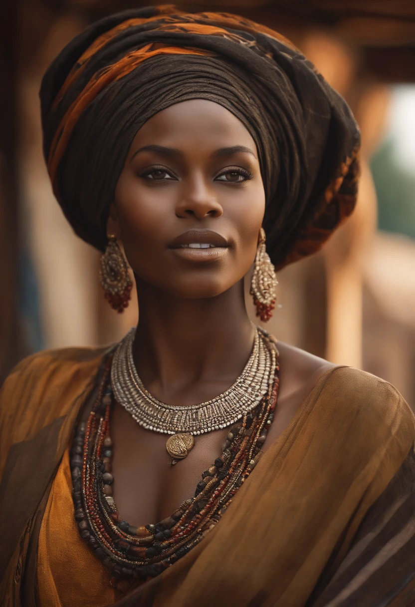 close-up of arab black African Hausa WOMAN of ancient times, very realistic , cheveux noirs avec turban, Texture naturelle de la peau, 24 mm, Textures 4k, soft cinematic light, Photo brute, photorealism, photoreallistic, complexe, elegant, highly detailed, mise au point nette, ((((((cinematic look)))), tons doux, insane detail, Intricate details, hyperdetailed, Faible contraste, soft cinematic light, couleurs sombres, exposure blend, Hdr, faded An image of a stunning black woman depicted in vibrant colors and patterns, celebrating her African heritage. The artwork showcases intricate details and bold brushstrokes, capturing the essence of her beauty and radiance. The image is ideal for a contemporary and culturally inspired wall art piece. oil portrait painting of a young very beautiful hausa woman, in front of a market, rich colorful clothes, turban and golden hausa jewelry, close up, regal pose and attitude