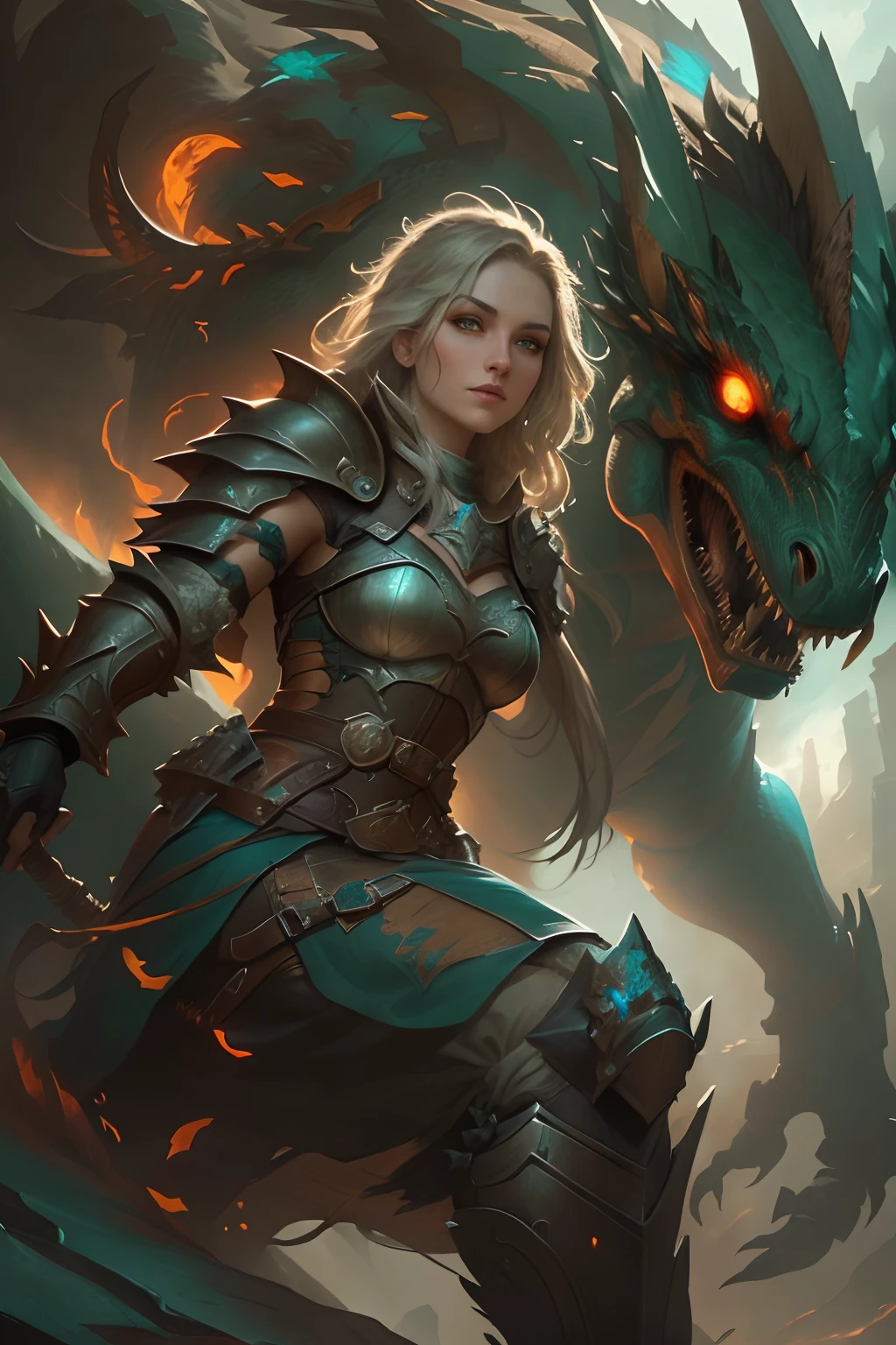 Lady Knight，eyes glowing，Ride on a giant monster, Ride monsters, Epic fantasy digital art style, epic fantasy sci fi illustration, Epic fantasy art style, Epic fantasy art style HD, epic full color illustration, inspired by Aleksi Briclot, riding a cyborg raptor, epic fantasy card game art, Epic fantasy style art, epic fantasy illustration, epic rpg artwork