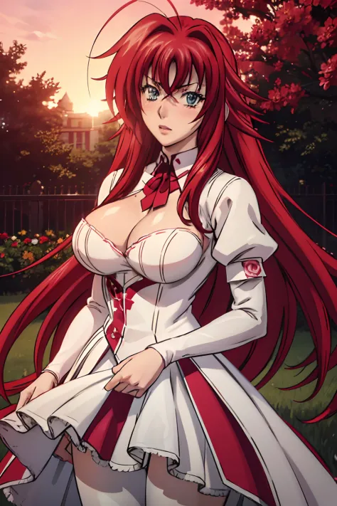 realistic, 1girl, rias gremory, red hair, white hair, Blue eyes, glowing eyes, White and pink wedding gown, Red skirt, Pink pantyhose ,parted lips, blush, night, flowers, sun, sunlight,