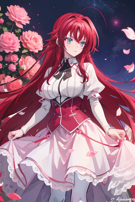 realistic, 1girl, rias gremory, red hair, white hair, blue eyes, glowing eyes, white and pink wedding gown, red skirt, pink pant...