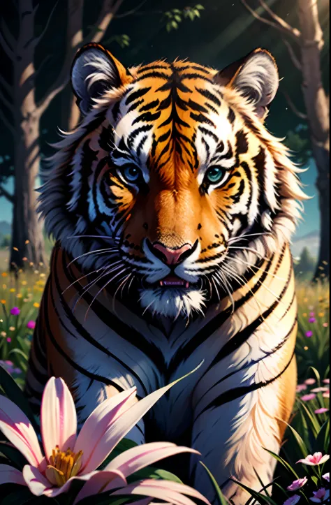 a stunning photo of a solo white tiger surrounded by plants in a flower meadow, 8k resolution concept art( intricate details:1.2...