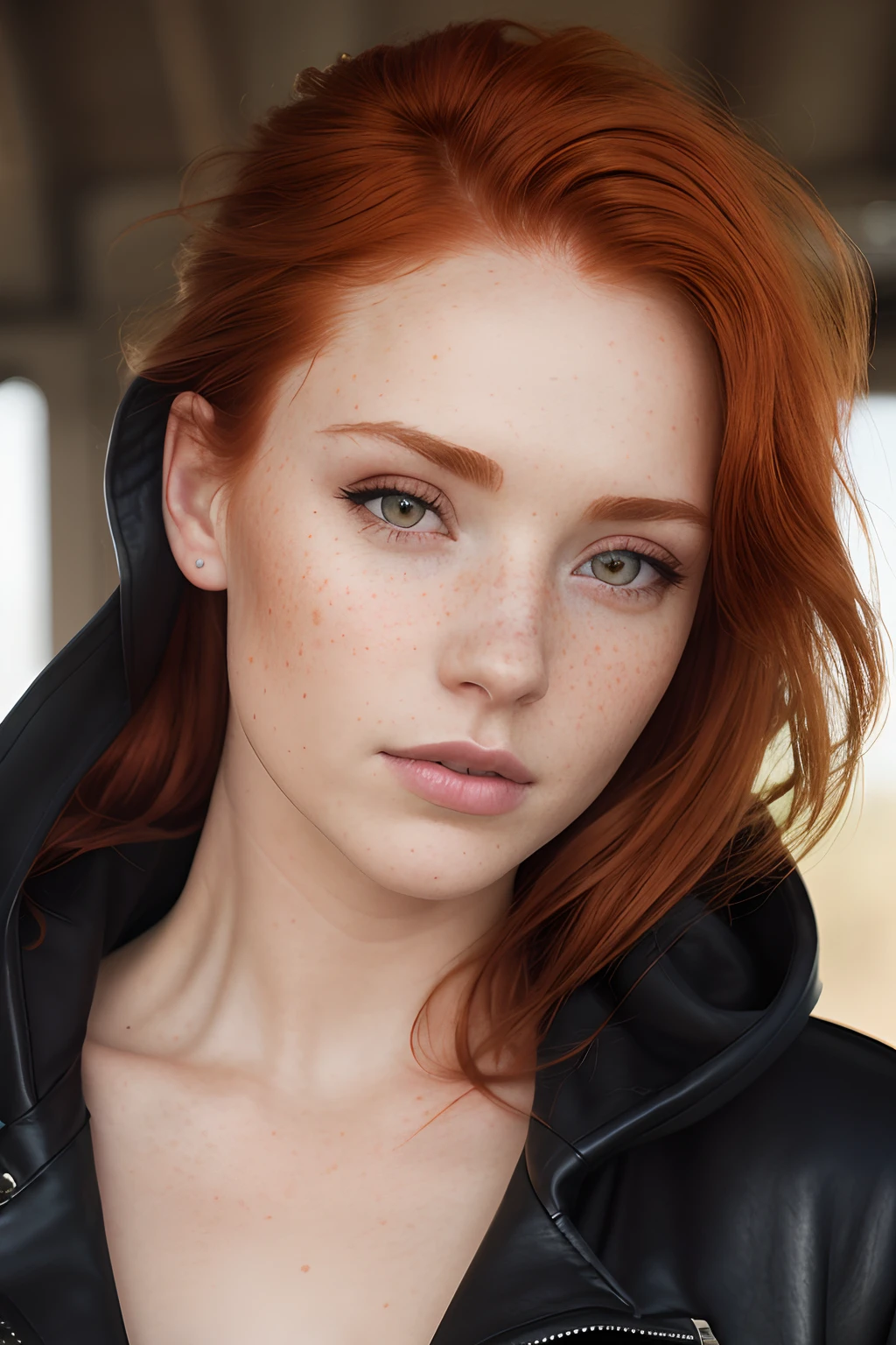 redhead haired woman with freckled hair and leather jacket, ginger hair ...