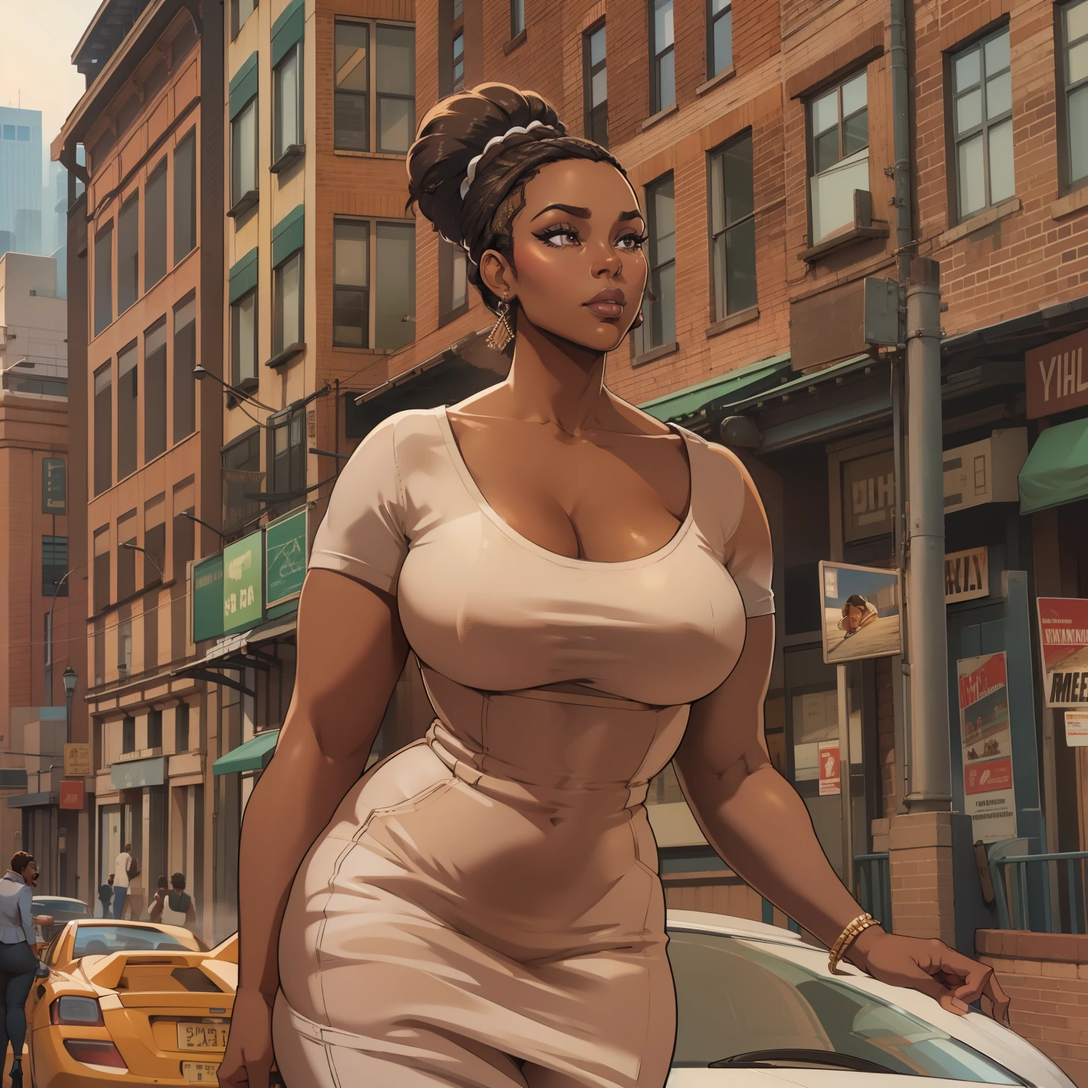 (Uma mulher madura:1.2)| 1 garota, curvilíneo, linda mulher afro-americana, pele marrom, inventar, Super detalhado, estilo moderno, cidade, olhar direto, Contornado.