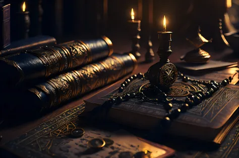 Arabian oold Magic scrolls and books in medieval library  Muslim rosary compass Magic hour, professional photography, octane ren...