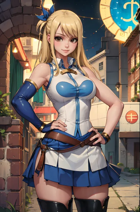 (masterpiece, best quality:1.2), solo, 1girl, lucy heartfilia, smile, looking ta viewer, hands on hips, blue sleeveless, miniski...