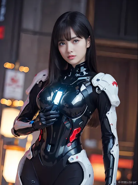 （Fight against mechanical robot soldiers）、top-quality、​masterpiece、超A high resolution、(Prostitute Sexy Pose),（Wearing a futuristic sun visor）、(Photorealsitic:1.4)、Raw photo、女の子1人、Black hair、glowy skin、((1 Mechanical Girl))、((super realistic details))、portl...