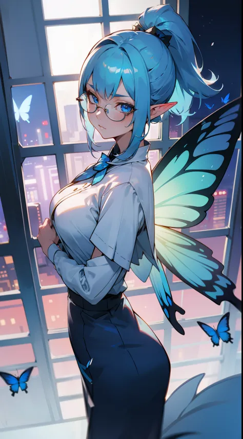1woman,solo,40s,serious face,teacher outfit,white outfit,medium tits, light blue hair,bangs,ponytail hair,blue eyes, mature female,elves ears,glasses,standing in the window,night city,blue butterfly wing luminous