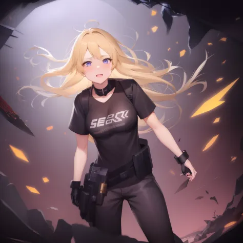 Anime girl with blonde hair and blue eyes standing in front of a cave, badass anime 8 K, girls frontline universe, from girls fr...