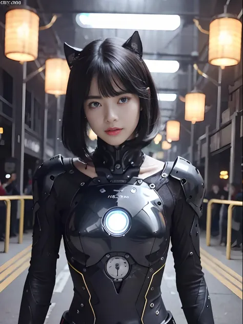 （Fight against mechanical robot soldiers）、top-quality、​masterpiece、超A high resolution、(Prostitute Sexy Pose),（Wearing a futuristic sun visor）、(Photorealsitic:1.4)、Raw photo、女の子1人、Black hair、glowy skin、((1 Mechanical Girl))、((super realistic details))、portl...