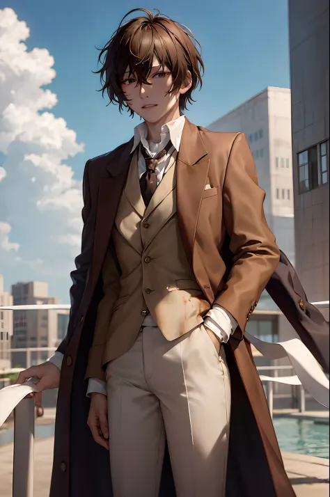 (masterpiece, best quality:1.2), cowboy shot, solo, male focus, 1boy, dazai osamu, expressionless, brown jacket, white pants, ba...