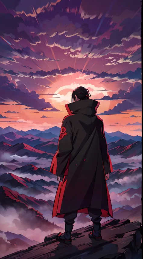 Uchiha itachi wearing a Akatsuki coat, full body with still standing pose, see at the sky, standing on the Mountain and see the ...