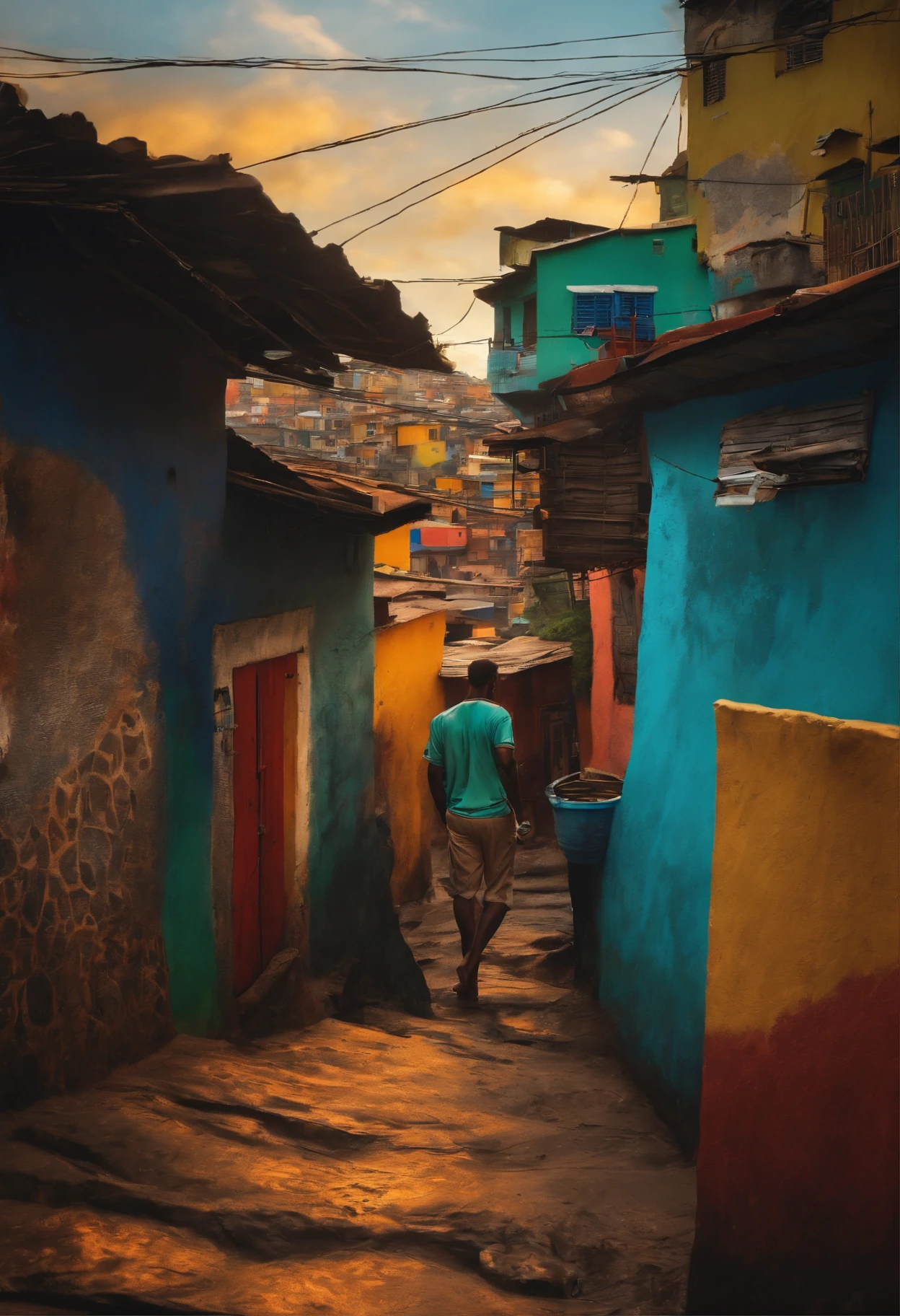 Arafed man walking down a narrow alley way in a village - SeaArt AI