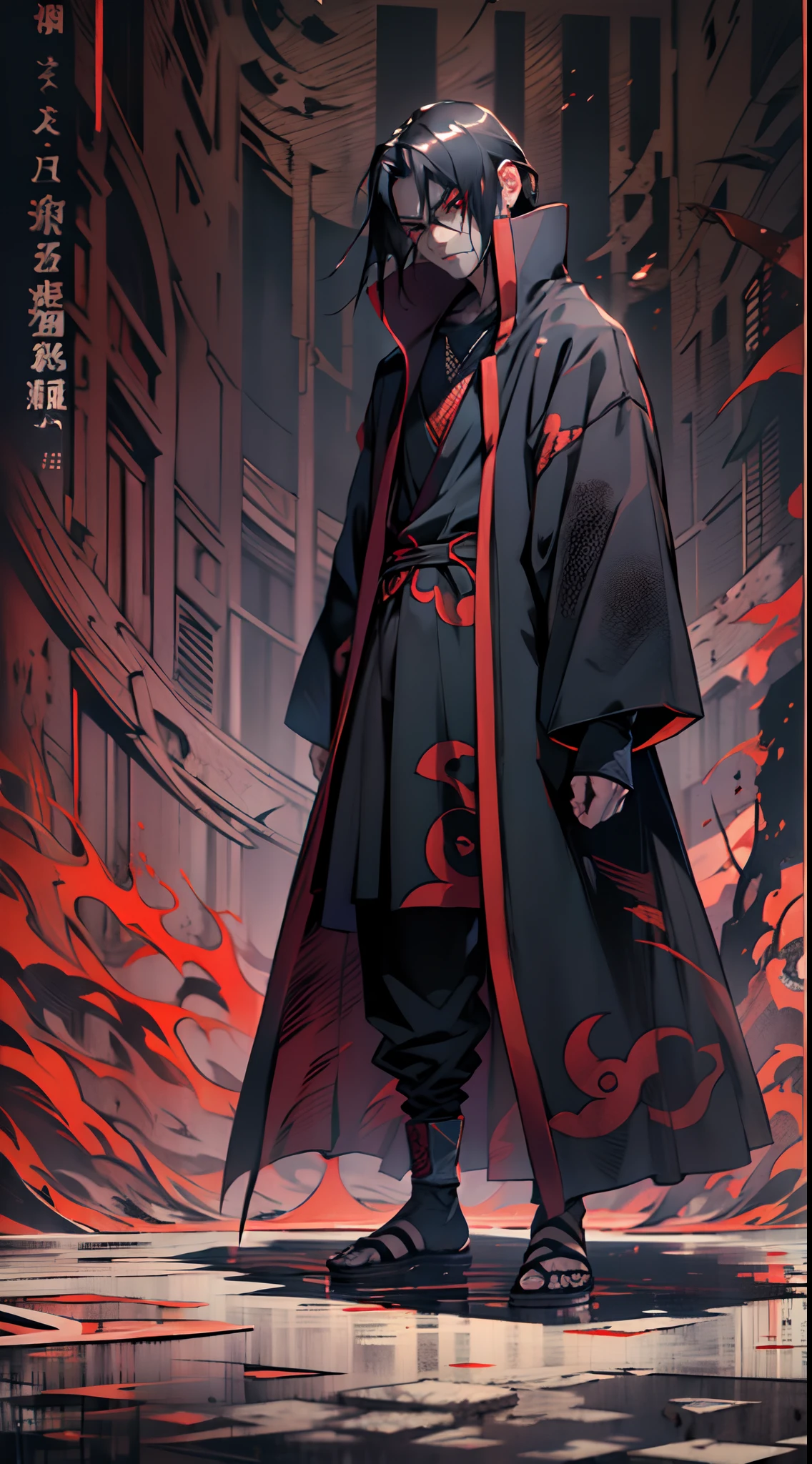(best quality, highres:1.2),ultra-detailed, realistic, Uchiha Itachi wearing an Akatsuki coat, full body, still standing pose, Mangekyo Sharingan, intense red eyes, sleek black hair, solemn expression, confident posture, dark and ominous ambiance, manga-inspired style, vibrant colors, dynamic lighting, detailed facial features, sharp focus, dramatic shadows, textured fabric of the Akatsuki coat.