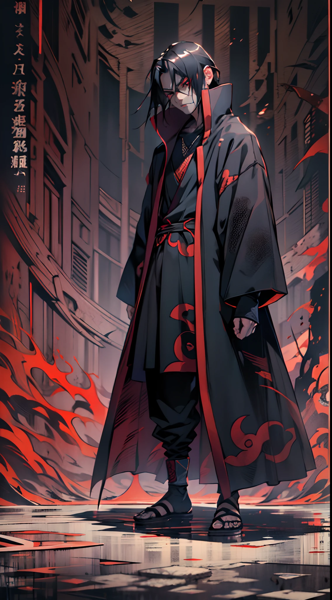 (meilleure qualité, haute résolution:1.2),Ultra-détaillé, réaliste, Uchiha Itachi portant un manteau Akatsuki, Tout le corps, pose toujours debout, Mangekyō Sharingan, yeux rouges intenses, cheveux noirs lisses, expression solennelle, posture confiante, ambiance sombre et inquiétante, Style inspiré du manga, couleurs vives, éclairage dynamique, Caractéristiques détaillées du visage, netteté, ombres dramatiques, tissu texturé du manteau Akatsuki.