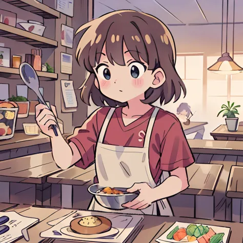 8K，simple line，style of anime，1990s comic book style，Great cook，Restaurant cooking