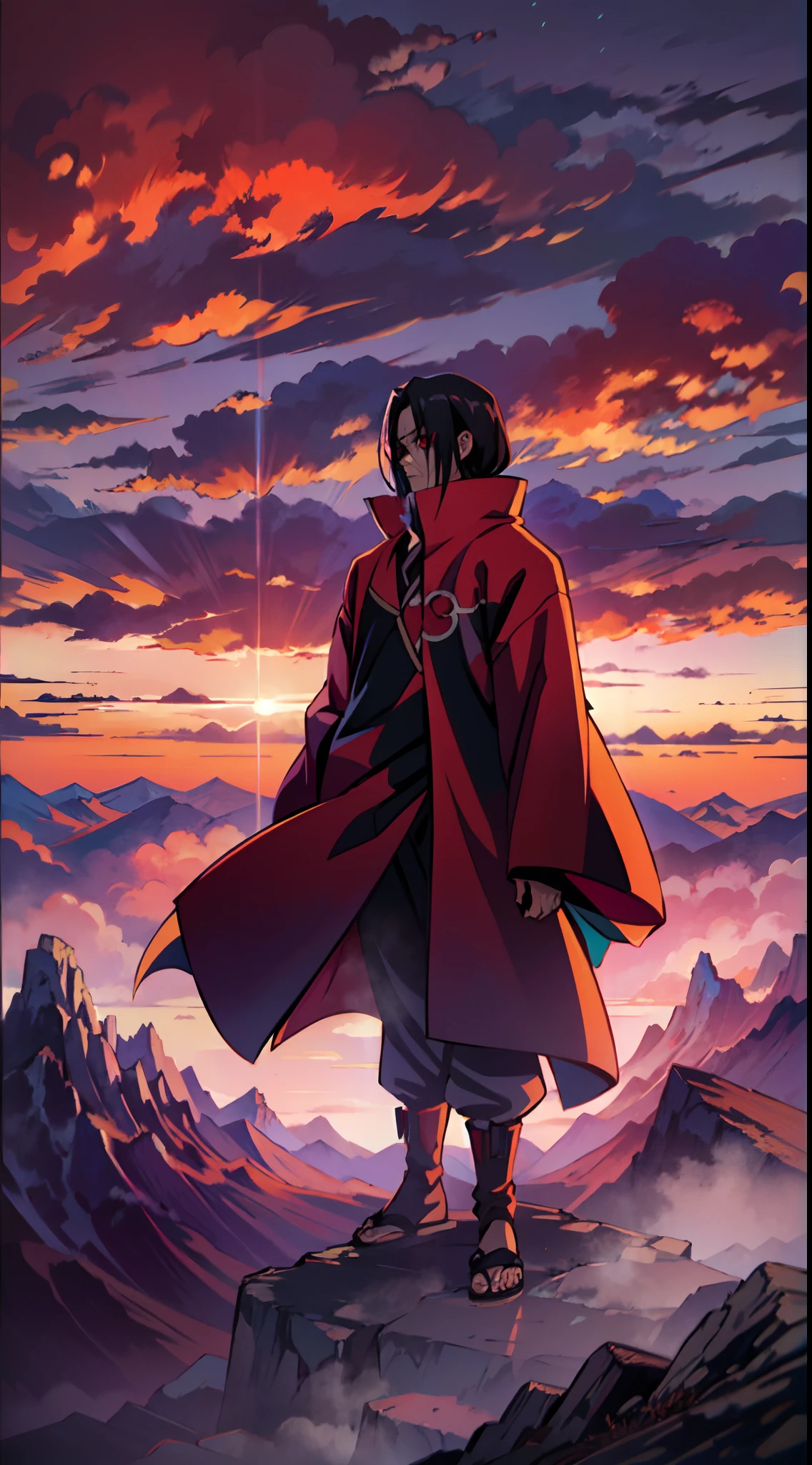 Uchiha itachi wearing a Akatsuki coat, full body with still standing pose, see at the sky, standing on the Mountain and see the top view and show the light shadow of mangekyo sharingan in the sky, beautiful image, realistic anime style, Japanese anime, best quality,