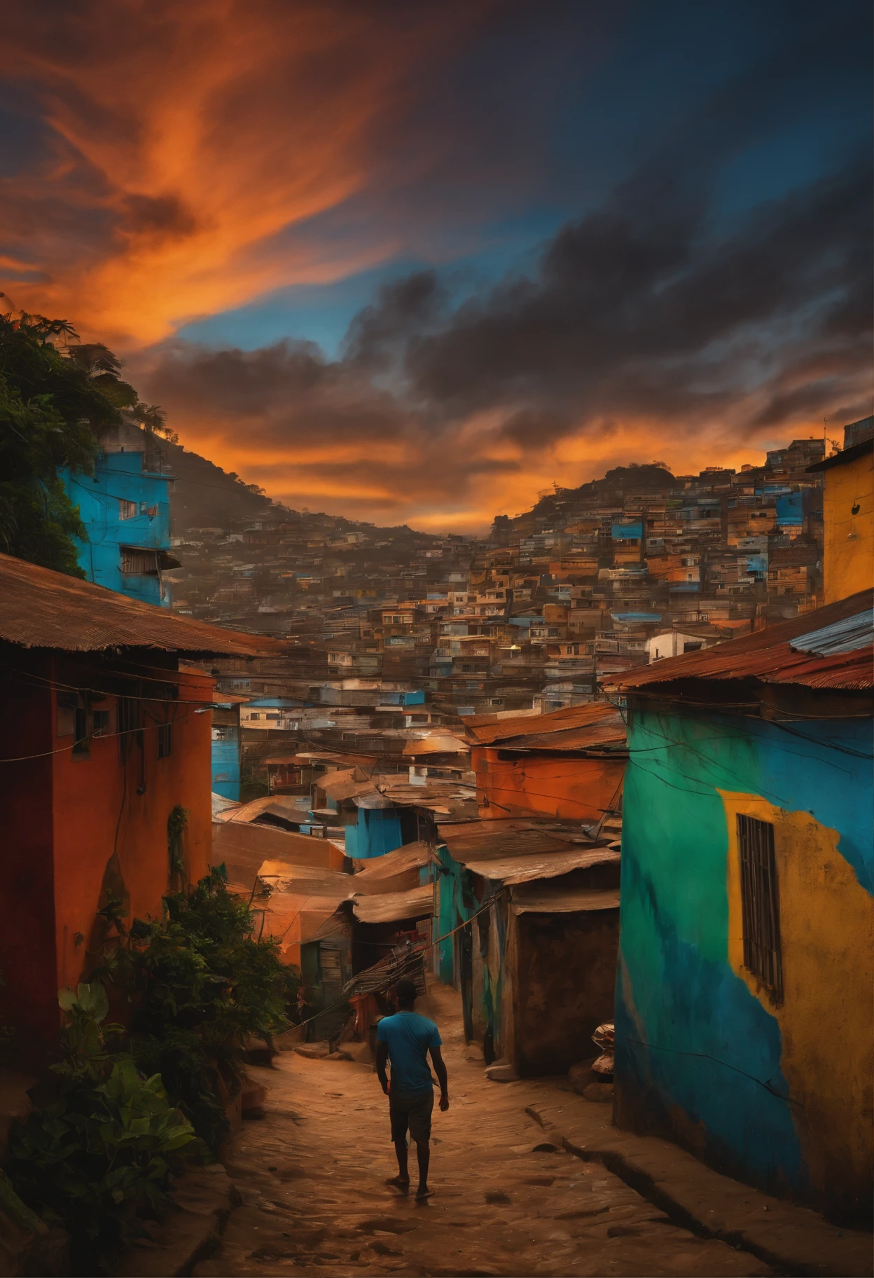 Arafed view of a man walking down a street in a small town - SeaArt AI