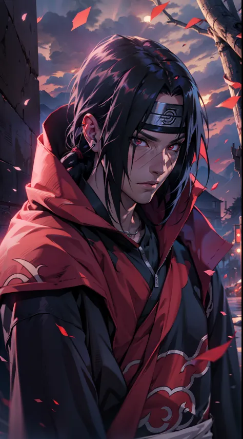 Uchiha itachi wearing a Akatsuki coat, see at the sky, sunshine, mangekyo sharingan beautiful portrait, AMD FidelityFX Super res...