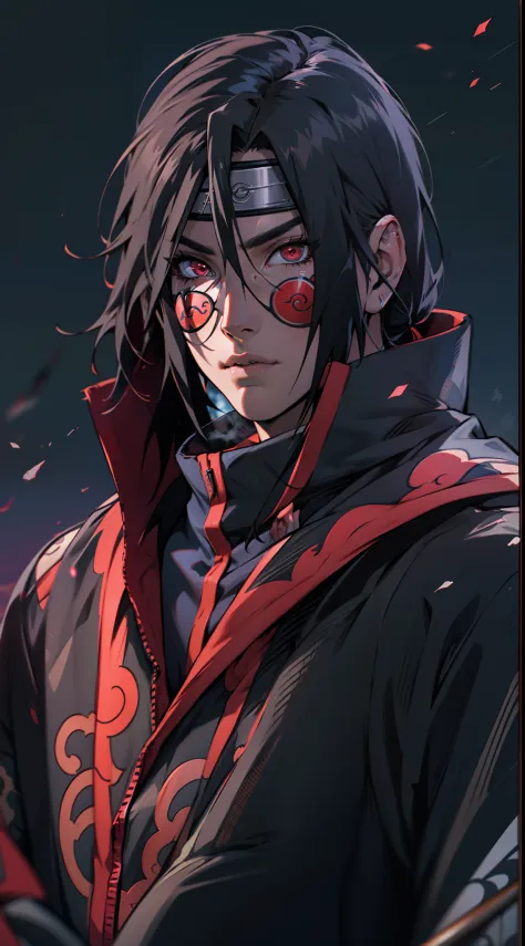 Uchiha itachi wearing a Akatsuki coat, see at the sky, sunshine, mangekyo sharingan beautiful portrait, AMD FidelityFX Super res...