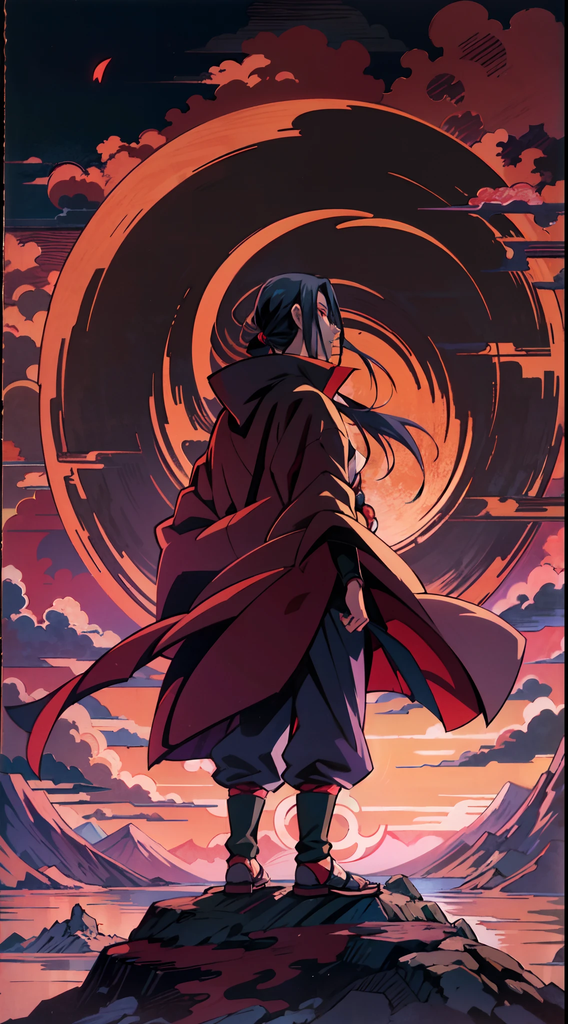 Uchiha itachi wearing a Akatsuki coat, 가만히 서 있는 자세의 전신, 하늘을 봐, 산 위에 서서 꼭대기 풍경을 바라보며 하늘에 있는 만게쿄 사륜안의 밝은 그림자를 보여줍니다, 아름다운 사진, 현실적인 애니메이션 스타일, 일본 애니메이션, 최고의 품질,