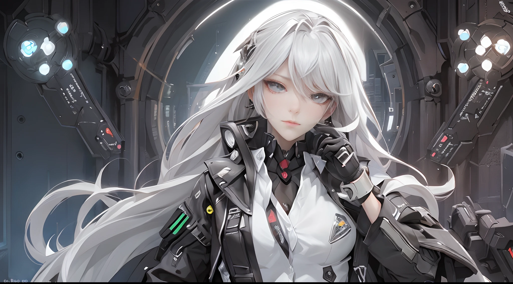 masterpiece, (best quality), (ultra-detailed), (ultra-realistic:1.2), landscape, sci-fi, transistorpunk, cyberpunk, biopunk, (magazine cover:1.4), (gray, white), female huge robot, visor, earring, mechanical angel wings on the back, angel wings, future town, dynamic pose, dynamic angle, small breasts, luxury, (gold, silver, green), neonmasterpiece, (best quality), (ultra-detailed), (ultra-realistic:1.2), landscape, sci-fi, transistorpunk, cyberpunk, biopunk, (magazine cover:1.4), (gray, white), 8k, UHD, The alone long waist white hair woman as the lone character as a magazine, yellow eyes, gold eyes, hair accessory, floating alone , high resolution, sci-fi city , Hyper detail mature face, black strapless bodysuit, white shirt, black panty, black jacket, black glove, ultra sharp, red necktie, black string full leg stocking, black string high thigh kneesock , exposed leg , black boot, feet visible, Hand Visible , twin sword, twin floating equipment, detail finger, 5 finger, Shooting pose，action pose,explosion effect, a determined expression on her face。
