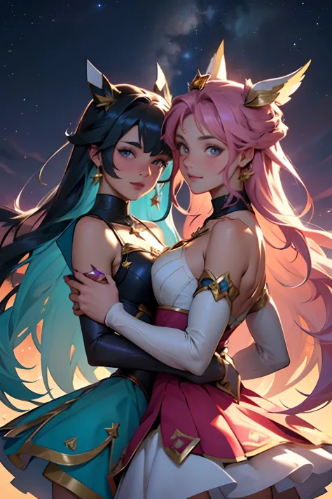Two magical girls (mahou shoujo) Dancing in a Starry Sky, vibrant and chaotic core, muito bonitas, estilo star gguardians, long flowing and curly hair of vibrande colors, meninas jovens, adolescentes, delicadas, muito bonitas, muito perfeitas, rostos bonit...