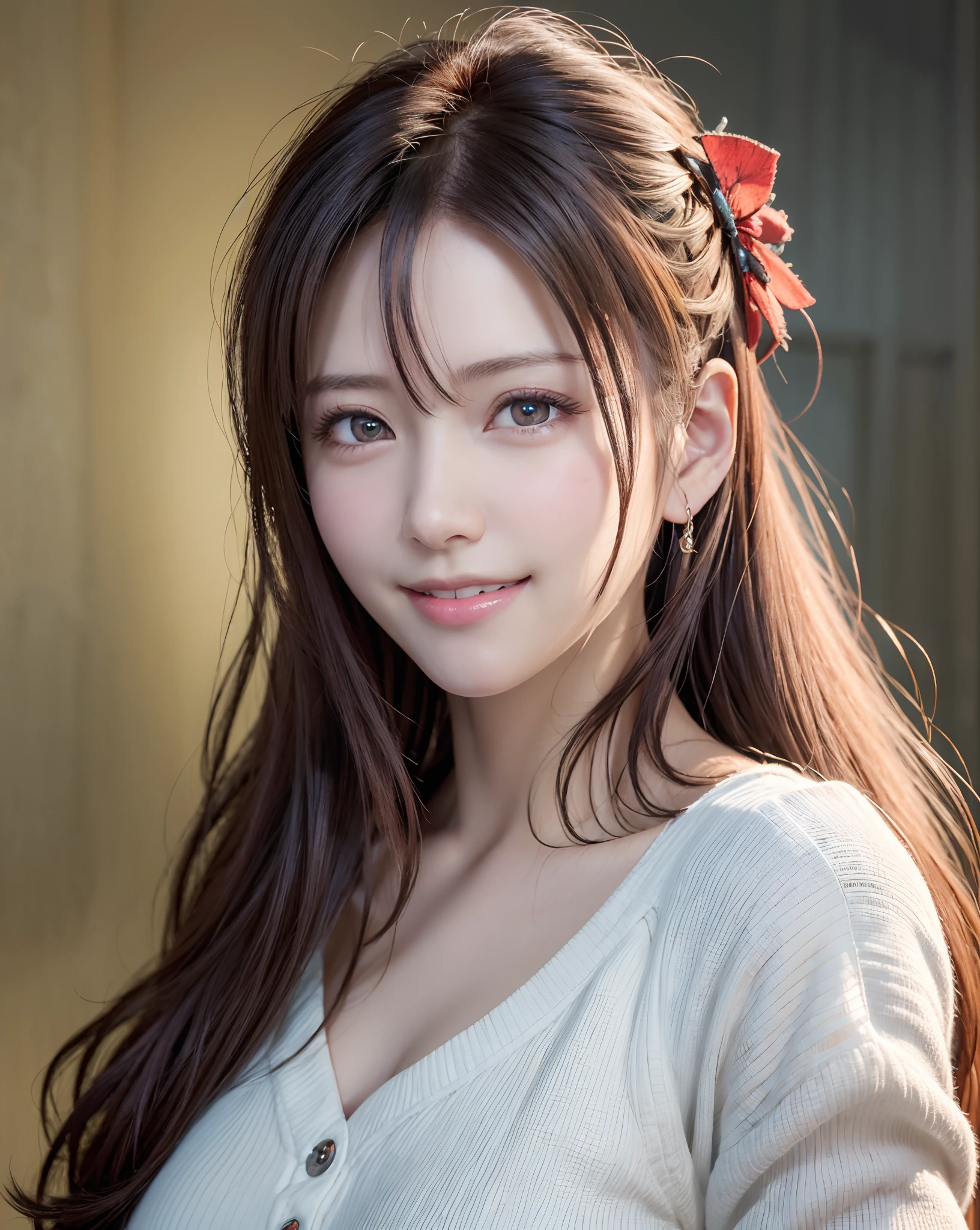 (masutepiece:1.3), hight resolution, ultra-detailliert,8k wallpaper, Realistic, Photorealsitic,Realistic Beauties,detailed hairs, Beautiful face,  high detailed skin texture,Cute smile