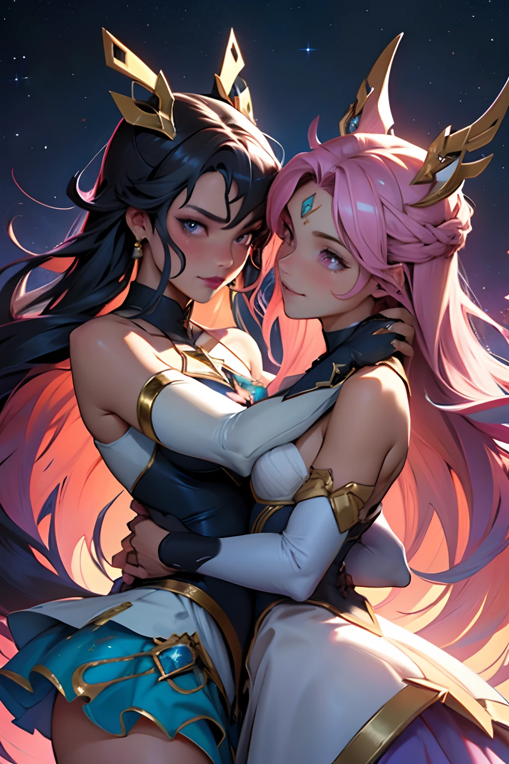 Two magical girls (mahou shoujo) Dancing in a Starry Sky, vibrant and chaotic core, muito bonitas, estilo star gguardians, long flowing and curly hair of vibrande colors, meninas jovens, adolescentes, delicadas, muito bonitas, muito perfeitas, rostos bonitos, rostos delicados, rostos detalhados, perfect hands, delicate hands, Artstation style detailed hands, ROSTOS PERFEITOS, Vestidos bonitos, cabelos super coloridos e vibrantes, rostos bonitos rostos perfeitos, cabelos bonitos, olhos expressivos, bocas bonitas, beautiful hands, detailed hands, beautiful hands, dedos perfeitos, numero de dedos de um ser humano, trend artstation, olhos perfeitos, perfect hands, poses dinamicas, Artstation Trending Style