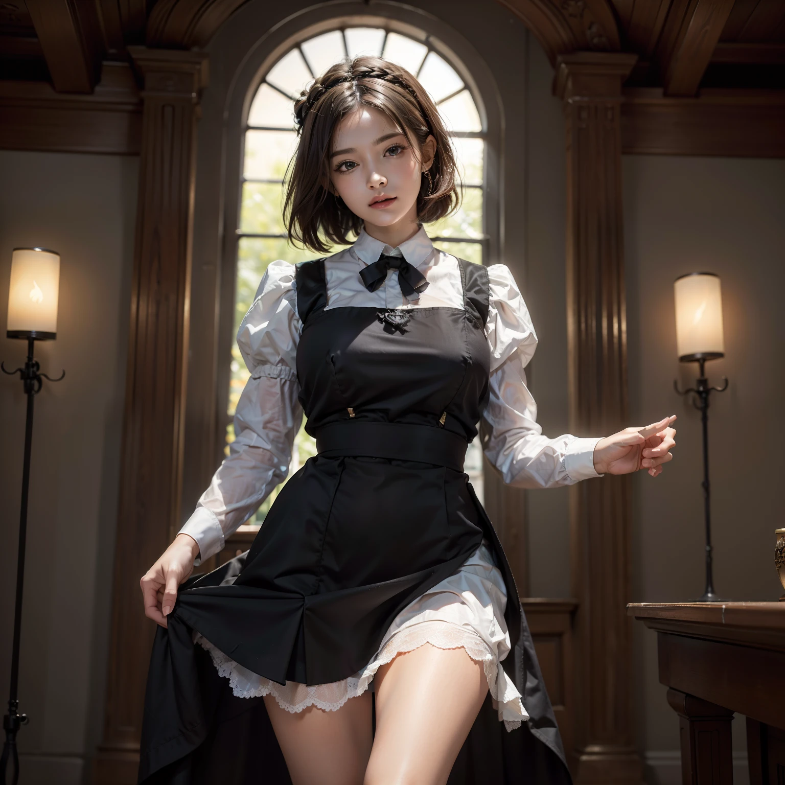 ((Best Quality: 1.4)), (Unbeatable masterpiece), (hyper HD) , (Ultra realistic 8K CG),(Head to thigh bust image),(ultra-detailliert),(maid ),(Artwork by Jean-Baptiste Monge), Highly detailed maid clothes, half_pinafore ,stunningly beautiful , Beautiful hair down to the smallest detail , Highly detailed hairstyles, Cinematic, cheerfulness ,In an old Western-style building, Candle lighting, Use backlight effects to increase image depth, Anisotropy Filtering, depth of fields, Maximum clarity and sharpness, ,8 life-size , thicc body:0.8 ,Perfect Anatomy , Symmetry and balance, beautiful gradients , Sharp Focus, Golden ratio, Centered image, Beautiful composition,short-hair