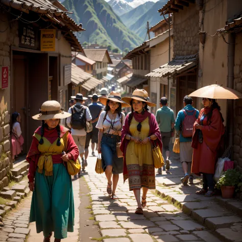 Peru street life, Machu Pichu beautiful Inca streets, people walking, shopping, trading, ((Best quality)), ((masterpiece)), (det...