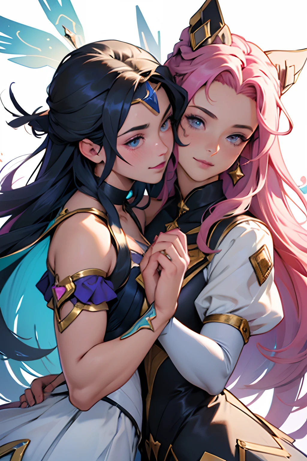 Two magical girls (mahou shoujo) Dancing in a Starry Sky, vibrant and chaotic core, muito bonitas, estilo star gguardians, long flowing and curly hair of vibrande colors, meninas jovens, adolescentes, delicadas, muito bonitas, muito perfeitas, rostos bonitos, rostos delicados, rostos detalhados, perfect hands, delicate hands, Artstation style detailed hands, ROSTOS PERFEITOS, Vestidos bonitos, cabelos super coloridos e vibrantes, rostos bonitos rostos perfeitos, cabelos bonitos, olhos expressivos, bocas bonitas, beautiful hands, detailed hands, beautiful hands, dedos perfeitos, numero de dedos de um ser humano, trend artstation, olhos perfeitos, perfect hands, poses dinamicas, Artstation Trending Style