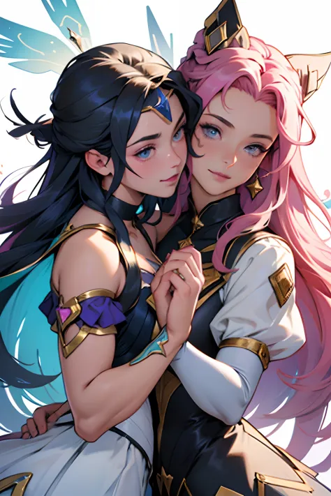 Two magical girls (mahou shoujo) Dancing in a Starry Sky, vibrant and chaotic core, muito bonitas, estilo star gguardians, long flowing and curly hair of vibrande colors, meninas jovens, adolescentes, delicadas, muito bonitas, muito perfeitas, rostos bonit...