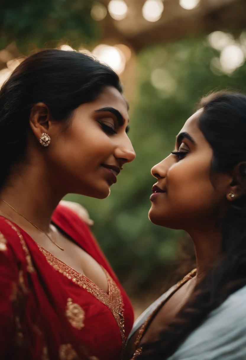 Two women in red saris are facing each other in a forest - SeaArt AI