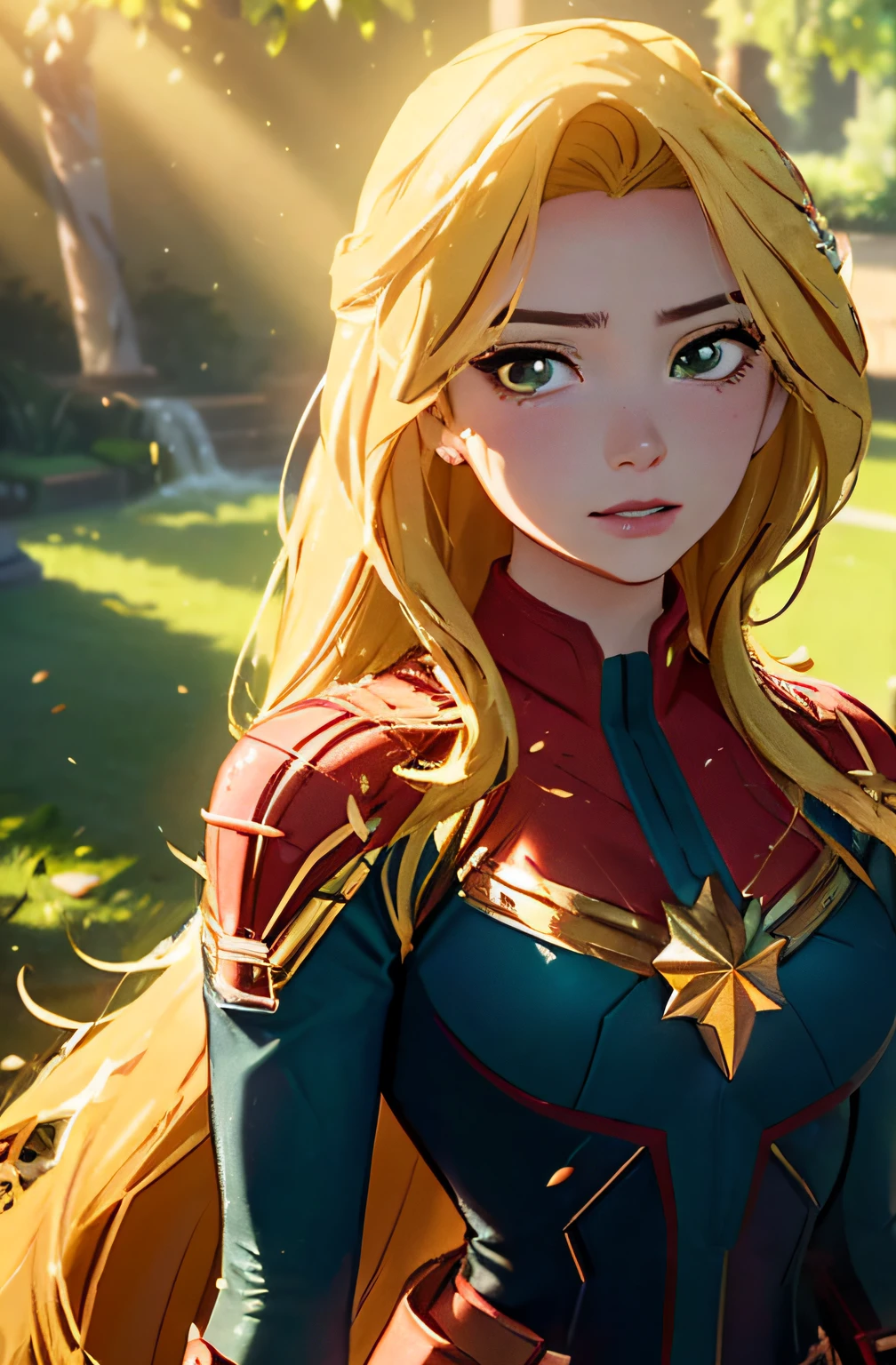 A girl with long, flowing golden hair wearing Captain Marvel's costume (Captain Marvel, Captain Marvel's costume, golden hair, flowing hair, beautiful detailed eyes, beautiful detailed lips, extremely detailed eyes and face, long eyelashes, strong facial features), holding a magical staff (magical staff), standing in a lush garden (lush garden, vibrant foliage, blooming flowers, tranquil atmosphere), surrounded by birds and butterflies (birds, butterflies), with rays of sunlight shining down (sunlight, radiant beams of light), creating a magical and heroic atmosphere (magic, heroism). The artwork is created in a photorealistic style (photorealistic:1.37), with vivid colors (vivid colors), sharp focus, and high-quality details (best quality, highres, ultra-detailed, extreme detail description). The scene is bathed in warm and vibrant tones (warm tones), with soft and natural lighting (soft lighting), capturing the beauty and strength of Rapunzel as Captain Marvel.