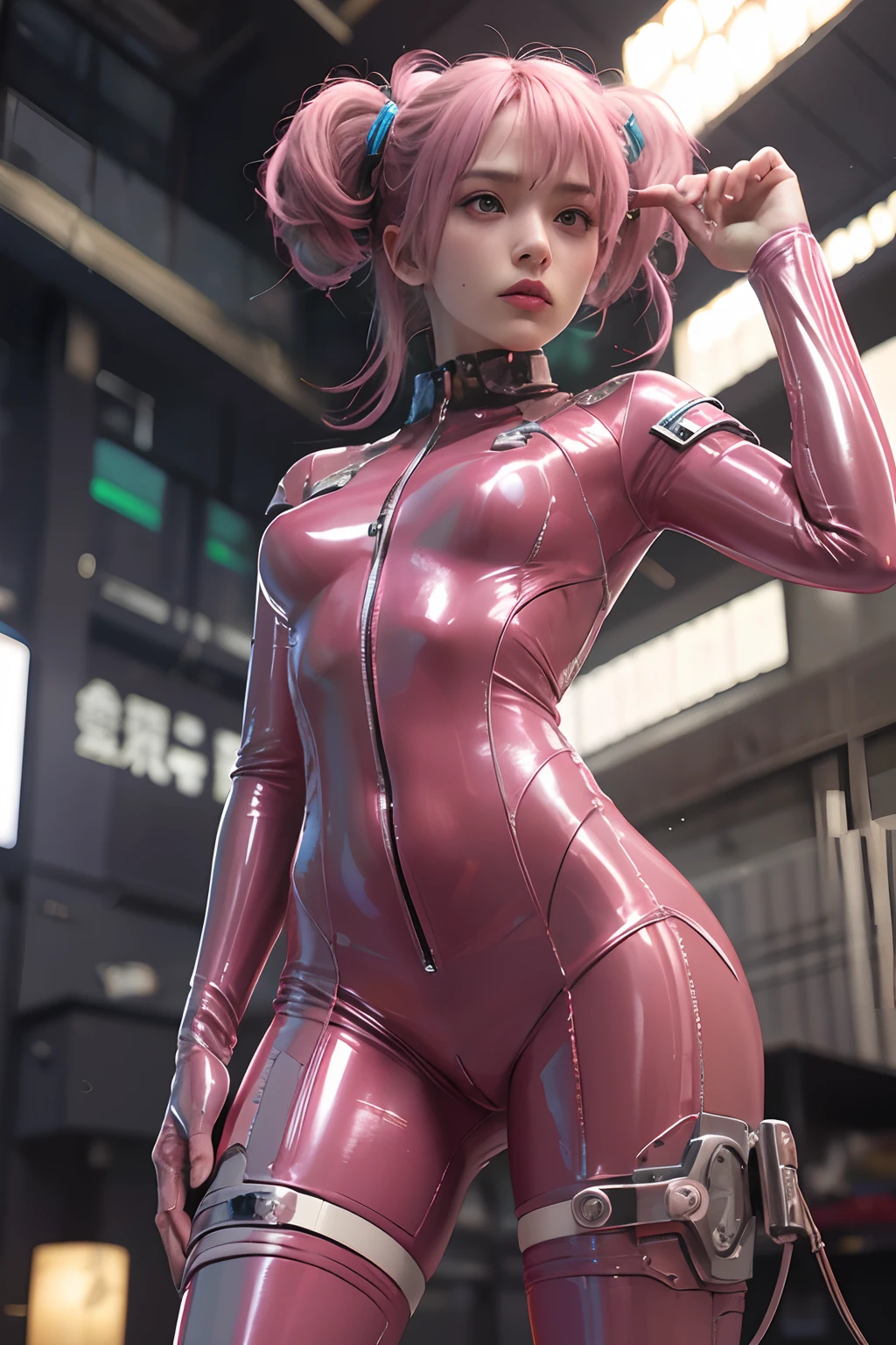 Top quality, Masterpiece, Ultra-high resolution, (Photorealistic: 1.4), RAW photo, 1 Cyberpunk Girl, Glossy glossy skin, 1 mechanical girl, (hyper realistic detailed)), (((Full body shot))), Global illumination, contrast, Shadows, Octane rendering, 8K, ultrasharp, raw skin, metals, Intricate Ornament Details, Japan Details, very complex details, Realistic light, CGSoation trend, Facing the camera, neon light detail, Mechanical limbs, Blood vessels connected to the tube, Mechanical vertebrae attached to the back, mechanical cervical attachment to the neck, wires and cables connecting to head, Gundam, Small LED lamps.(RAW photo:1.2)，Pink latex jumpsuit，Hollow-out on，Holt collar, latex shiny,tight-fitting，sweat leggs，， Pink body, wearing atsuko kudo latex outfit, wearing tight suit, Smooth pink skin, catsuits, Wearing latex, shiny plastic, shiny metalslic glossy skin, The color of pink glow, latex outfit, chrome bodysuit, cyberpunk glossy latex suit, Shiny, futuristic glossy latex suit　spread their legs　M-shaped legs　angry look　sullenness　Irritated， all over body，