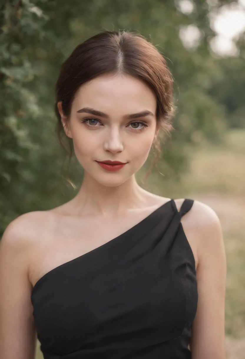 a beautiful woman in a black dress poses with one shoulder, in the style of 8k resolution, warmcore, goosepunk, focus on joints/connections, minimal retouching, handheld, candid  --ar 2:3 --v 5