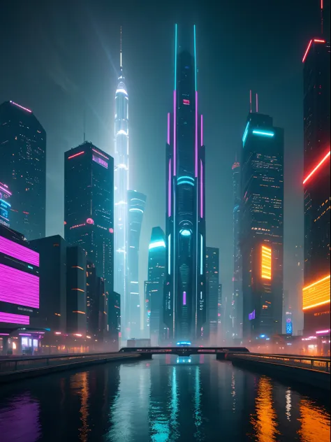 Masterpiece, a futuristic city with neon-covered skyscrapers, flashing holograms and floating vehicles with wings inspired by Star Wars spaceships, cyberpunk aesthetics, action movie shot by Kon Satoshi, very detailed lighting, dramatic, trend digital art ...