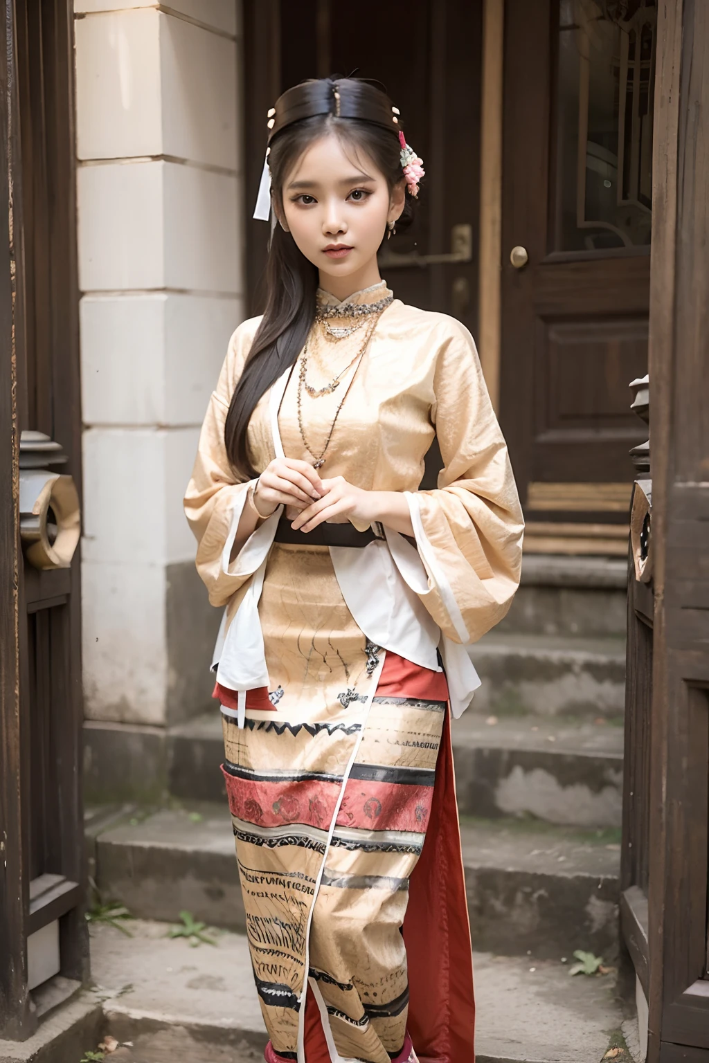 MMTD Birmanês estampado vestido tradicional senhora detalhes do corpo inteiro
