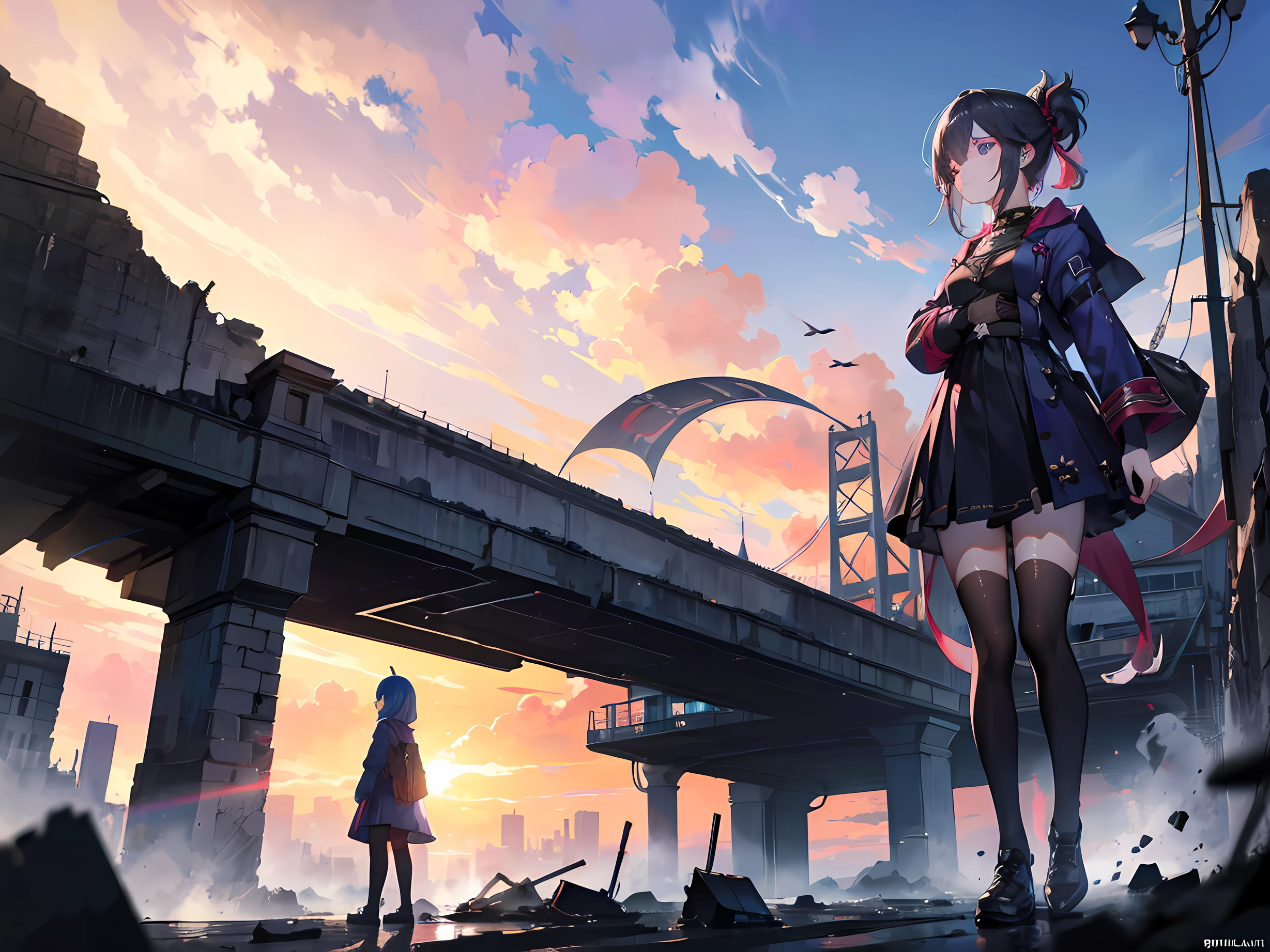 1 girl, sad, depressed, cataclysm, destroyed city, sadness, war, 8k, ray tracing, masterpiece, better quality, perfect face, perfection, sunset, twitight