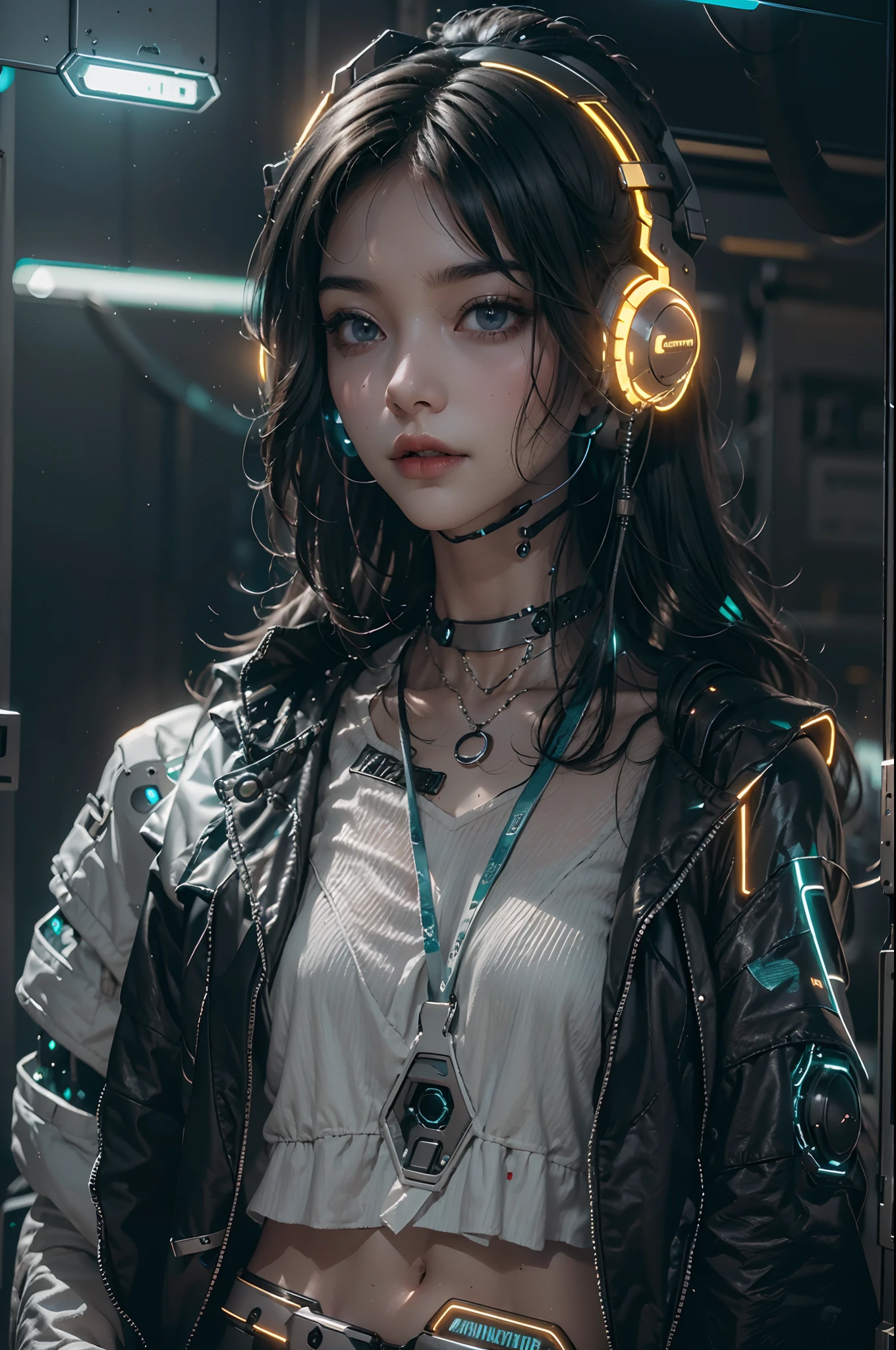 Full body like，1girll，Perfect facial features，delicated face，(((Clean face)))，(cyber punk perssonage:1.3)，Bring headphones，shelmet，jewely，eardrop，choker necklace，inside in room，Electronic wire background，best qualtiy，tmasterpiece，Movie filter presets，movie level lighting，c4d渲染，rendering by octane，with light glowing，High chiaroscuro，