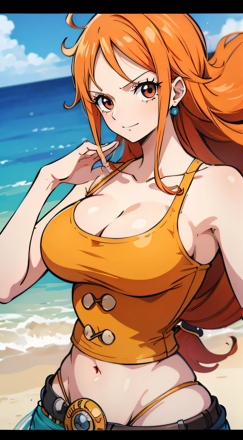 Generate a realistic anime-style image of Nami from One Piece. Capture her distinctive look with orange hair, a shirt, and a cheerful expression. Make sure the picture reflects your adventurous and confident personality as shown in the anime.., Whole body, Wide plan , NSFW, Curvy athletic body, Island background,bra top, Skirt, orange eyes, orange eyes, armpits, stomach, breasts