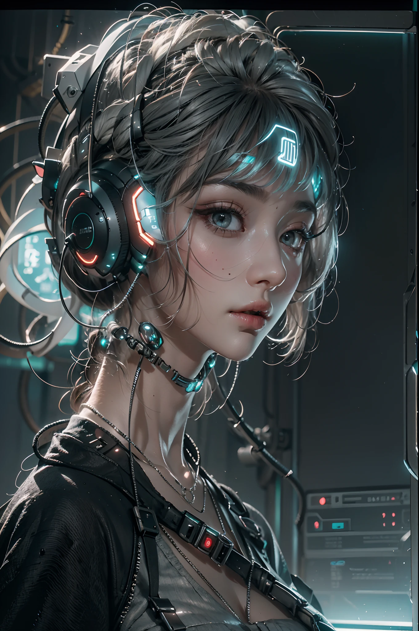 Full body like，1girll，Perfect facial features，delicated face，(((Clean face)))，(cyber punk perssonage:1.3)，Bring headphones，shelmet，jewely，eardrop，choker necklace，inside in room，Electronic wire background，best qualtiy，tmasterpiece，Movie filter presetovie level lighting，C4D Rendering，rendering by octane，with light glowing，High chiaroscuro，