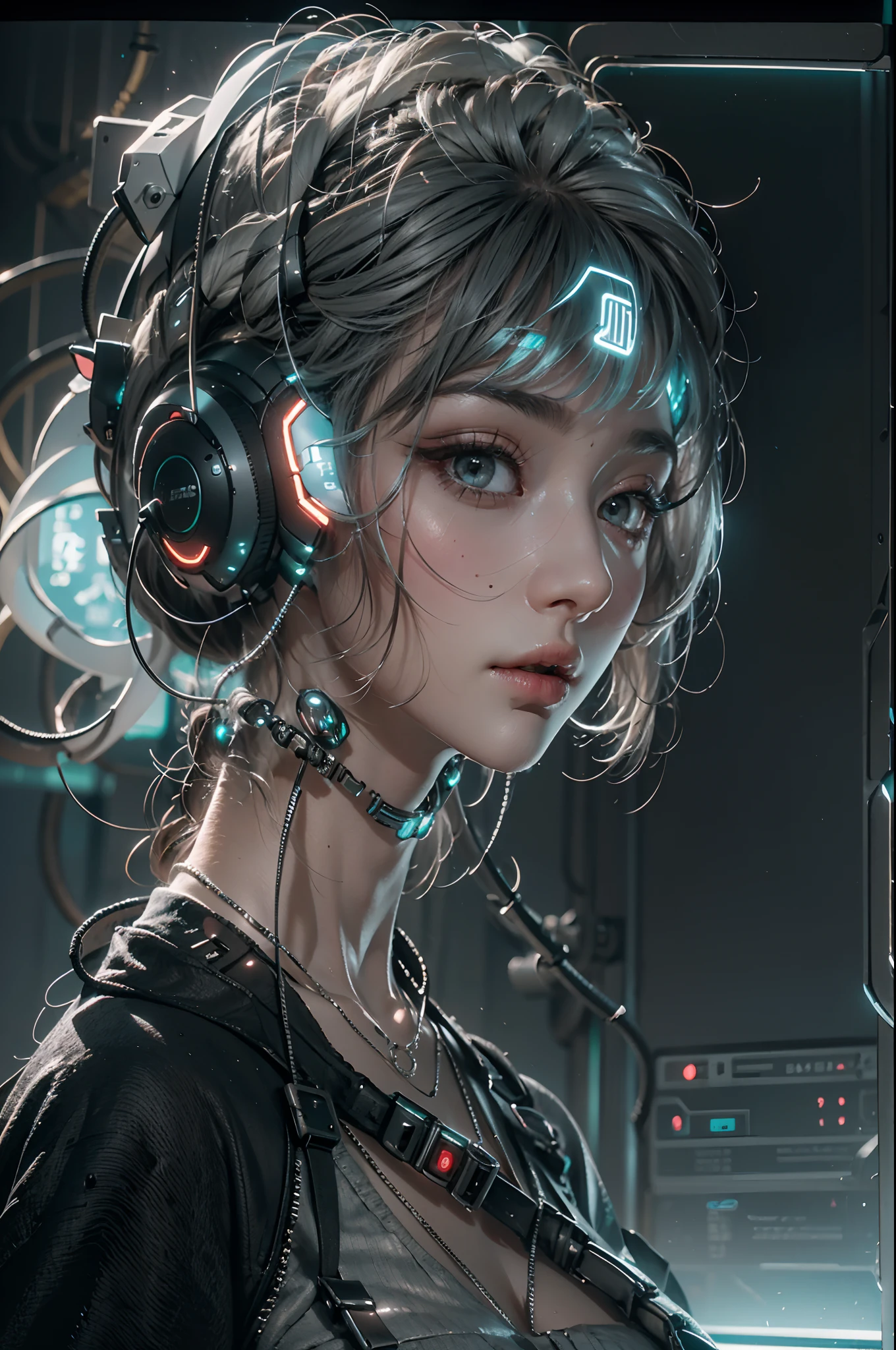 Corpo inteiro como，1 menina，características faciais perfeitas，rosto delicado，(((Rosto limpo)))，(personagem cyber punk:1.3)，Traga fones de ouvido，abrigo，joia，gota de ouvido，gargantilha，dentro do quarto，Fundo de fio eletrônico，melhor qualidade，obra-prima，Predefinições de filtro de filme，iluminação de nível de filme，c4d渲染，renderização por octanagem，com luz brilhando，Alto claro-escuro，