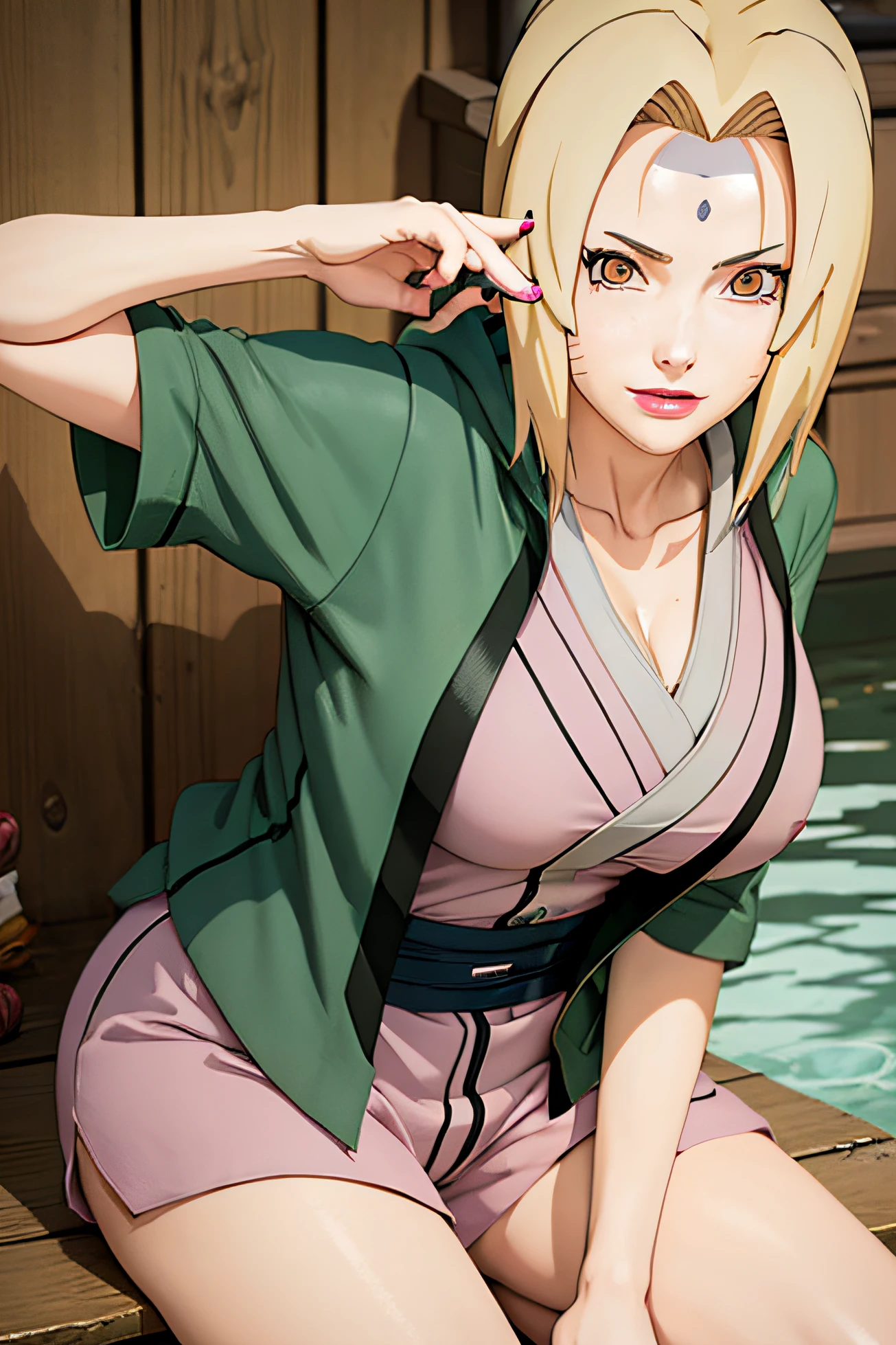 (obra maestra: 1,6), tsunade ( naruto) , sonrisa , agua , sudadera con capucha verde , cabello yallow , pechos grandes , camisa , Pantalones cortos , joven , Labios rosados, chica anime ,