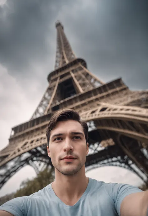 Arafed man taking a selfie in front of the eiffel tower - SeaArt AI