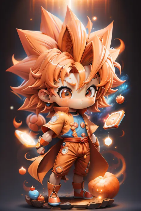 Filho Goku, Super Saiyajin, cabelos branco, Chibi, camisa azul, Olhando para o Viewer, card background, galaxy, vestindo uma roupa laranja de artes marciais