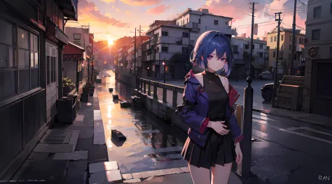 1 girl, sad, depressed, cataclysm, destroyed city, sadness, war, 8k, ray tracing, masterpiece, better quality, perfect face, perfection, sunset, twitight