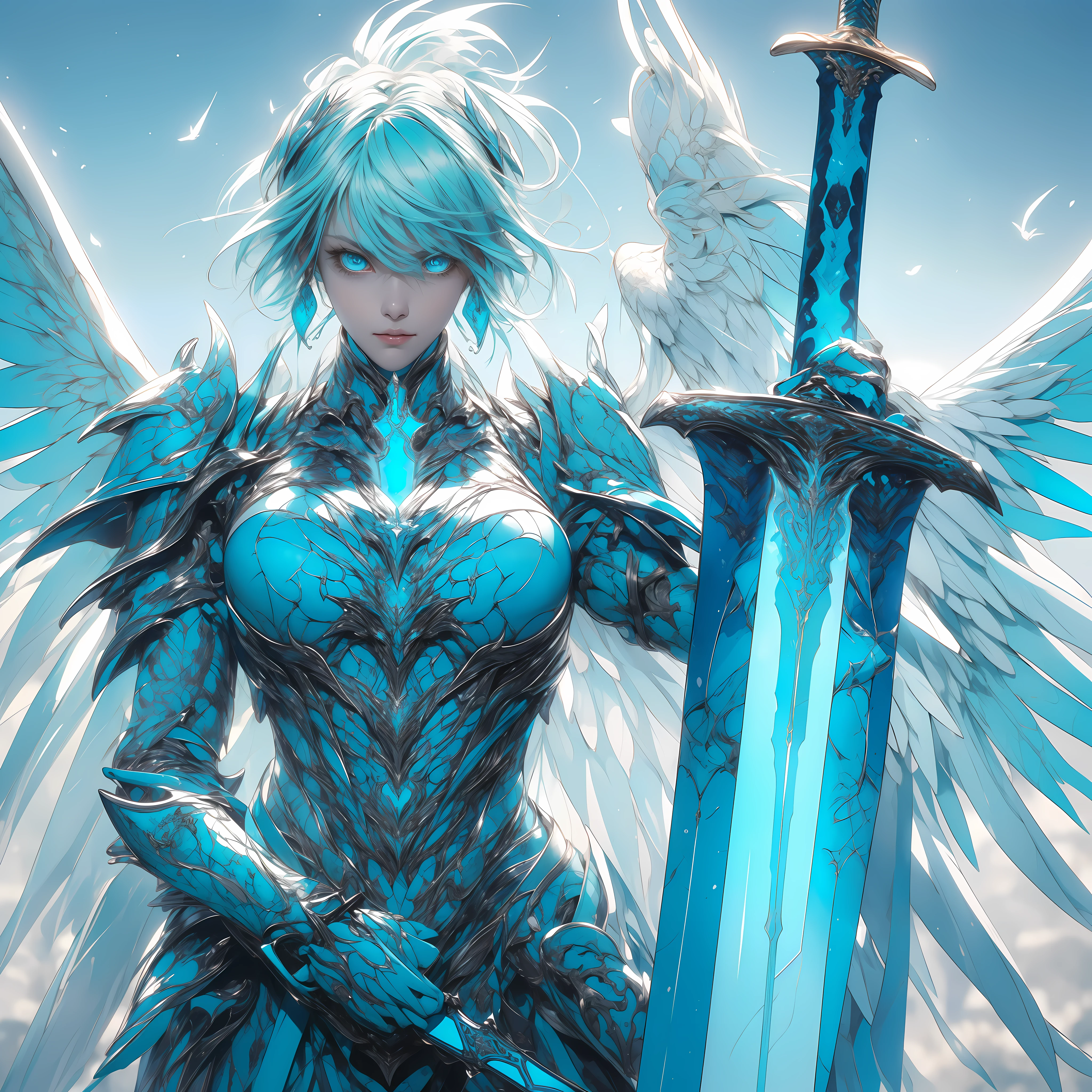 (hailoknight, Solo, 1girl wearing blue armor, beautiful turquoise eyes, long white hair,  turquoise wings, holding giant turquoise energy sword infront of her, holding sword:1.3), (simple glowing background:1.25)masterpiece, best quality, wide-angle, Hyperdetailed, masterpiece, best quality, 8k, natural lighting, soft lighting, sunlight, HDR (High Dynamic Range), Maximum Clarity And Sharpness, Multi-Layered Textures