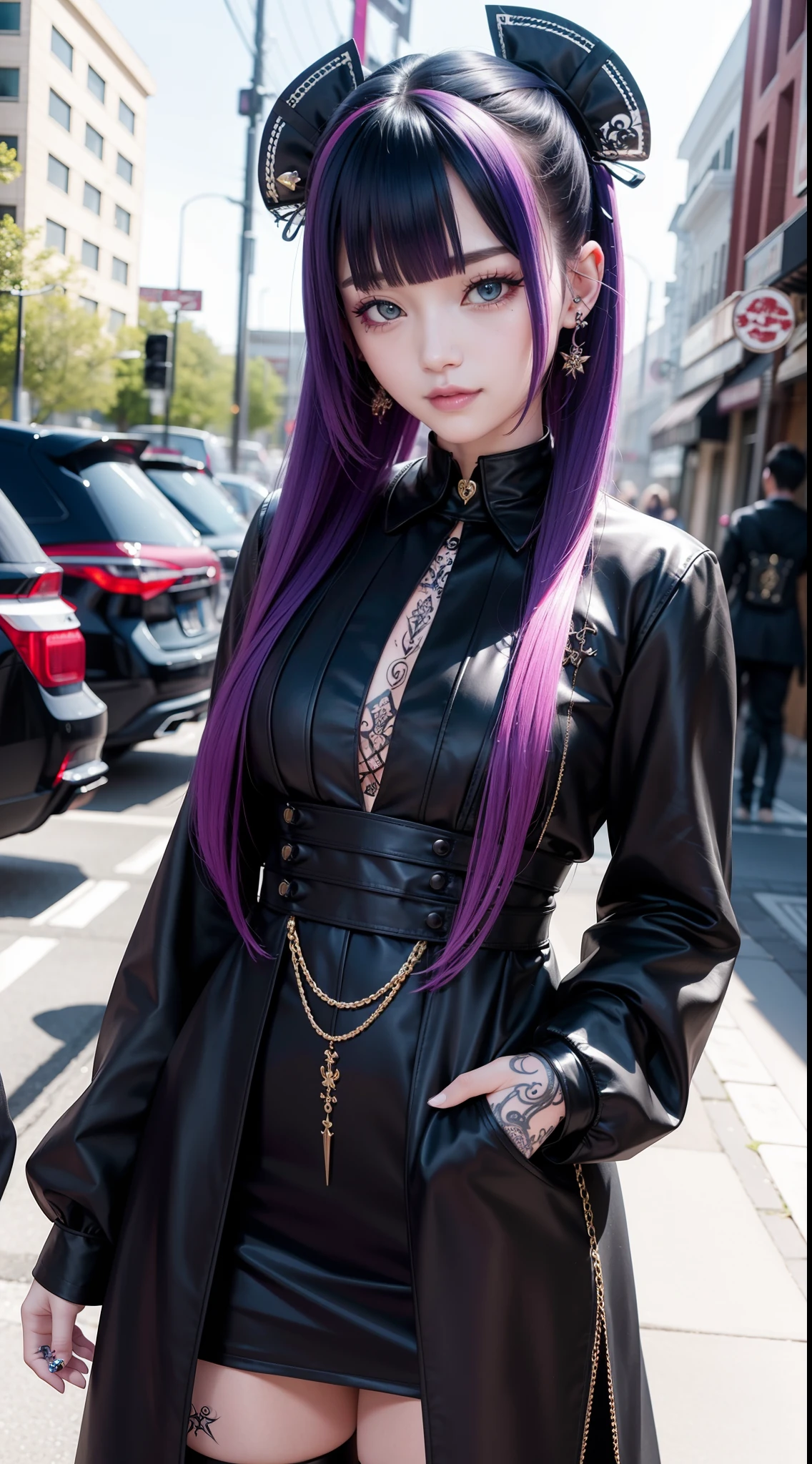 Araffe girl with purple hair and black leather outfit posing for a picture  - SeaArt AI