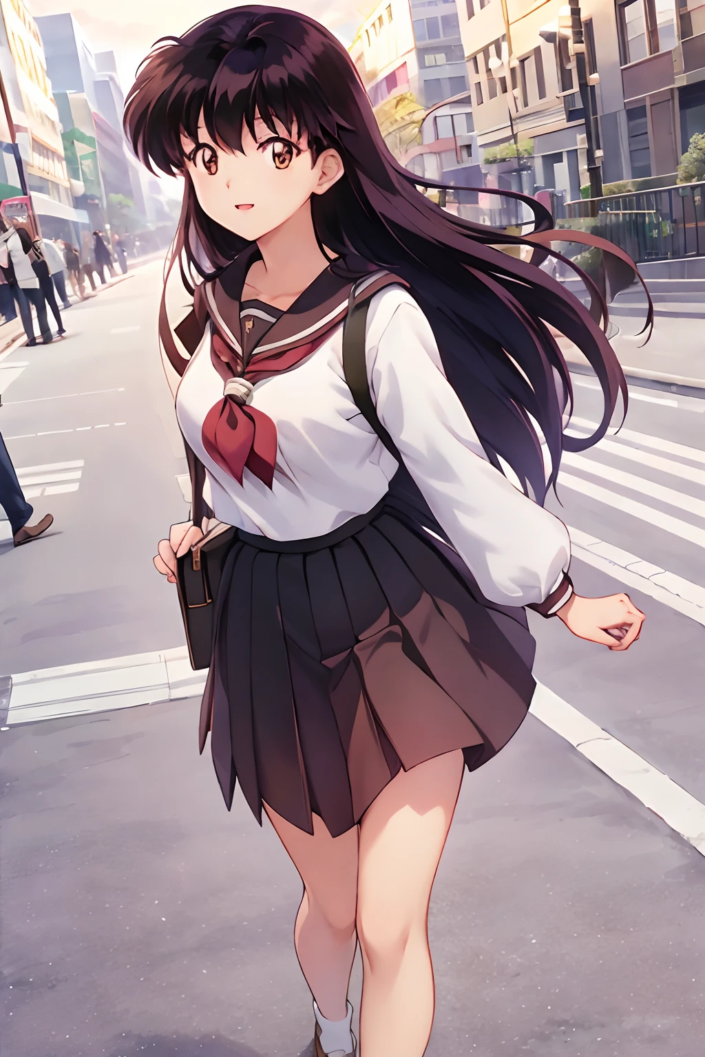 巨作, (Best Quality), 1Woman,1girl  Kagome Higurashi, brown eyes, full body, photorealistic, (hyperrealistic:1.2), perfect eyes, perfect face, perfect lighting, outdoors, warm colors, city, school uniform, happy, , walking,, smile,